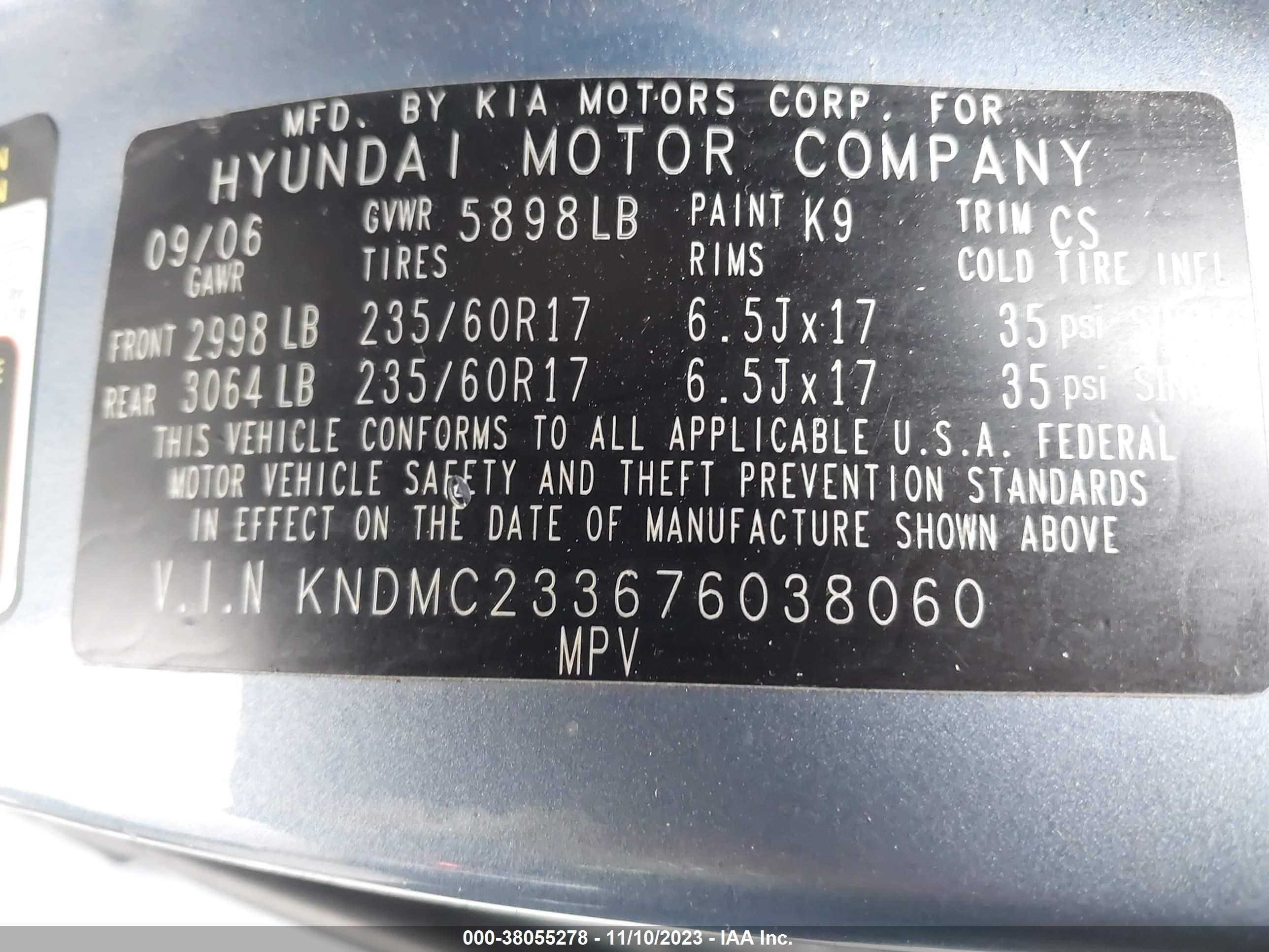 Photo 8 VIN: KNDMC233676038060 - HYUNDAI ENTOURAGE 