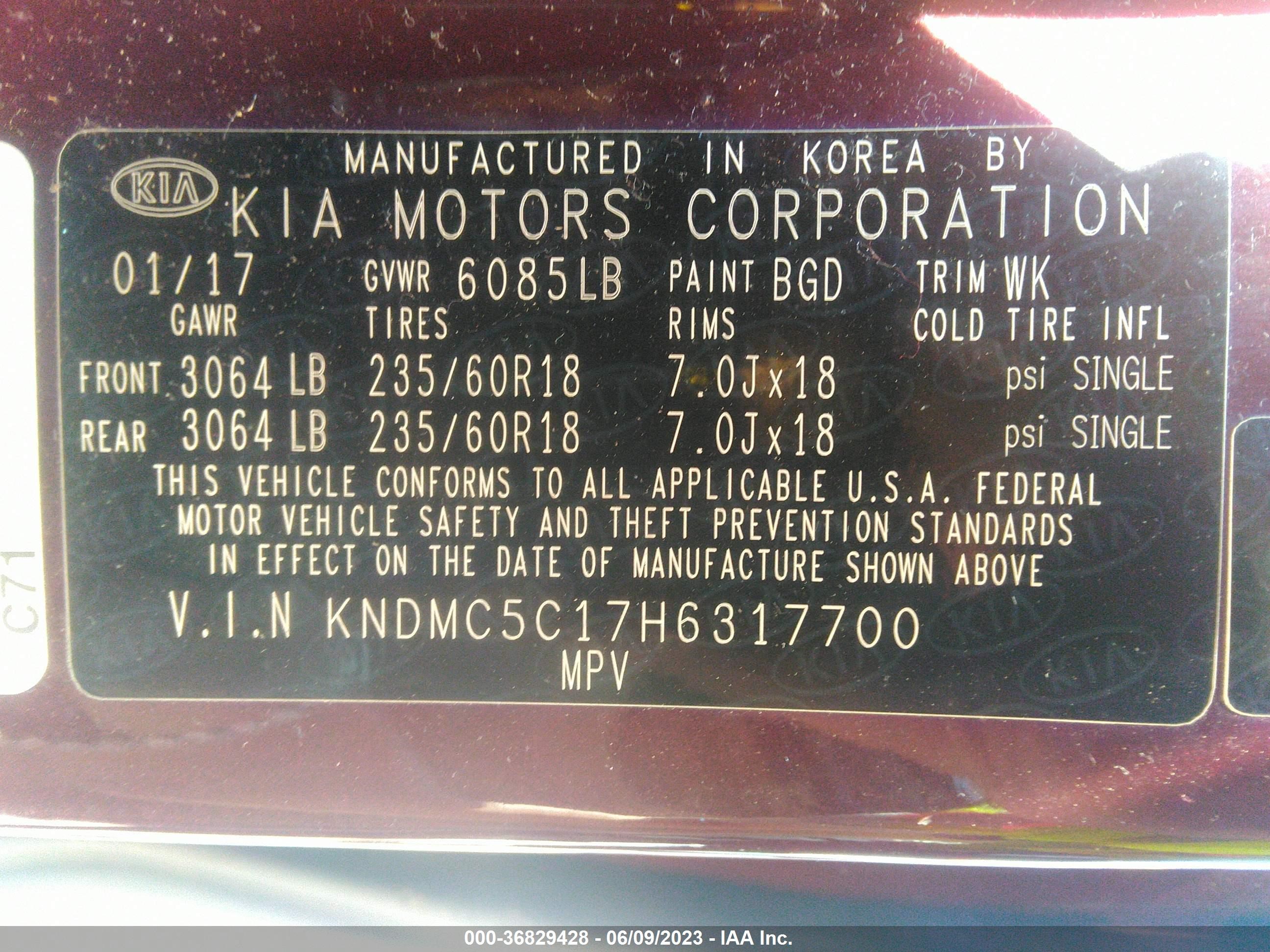 Photo 8 VIN: KNDMC5C17H6317700 - KIA SEDONA 