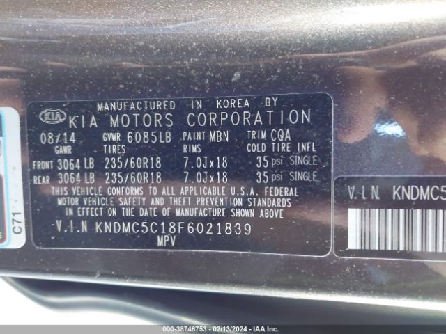 Photo 8 VIN: KNDMC5C18F6021839 - KIA SEDONA 