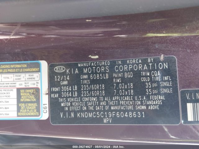 Photo 8 VIN: KNDMC5C19F6048631 - KIA SEDONA 