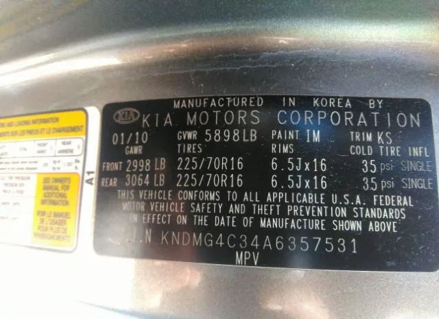 Photo 8 VIN: KNDMG4C34A6357531 - KIA SEDONA 