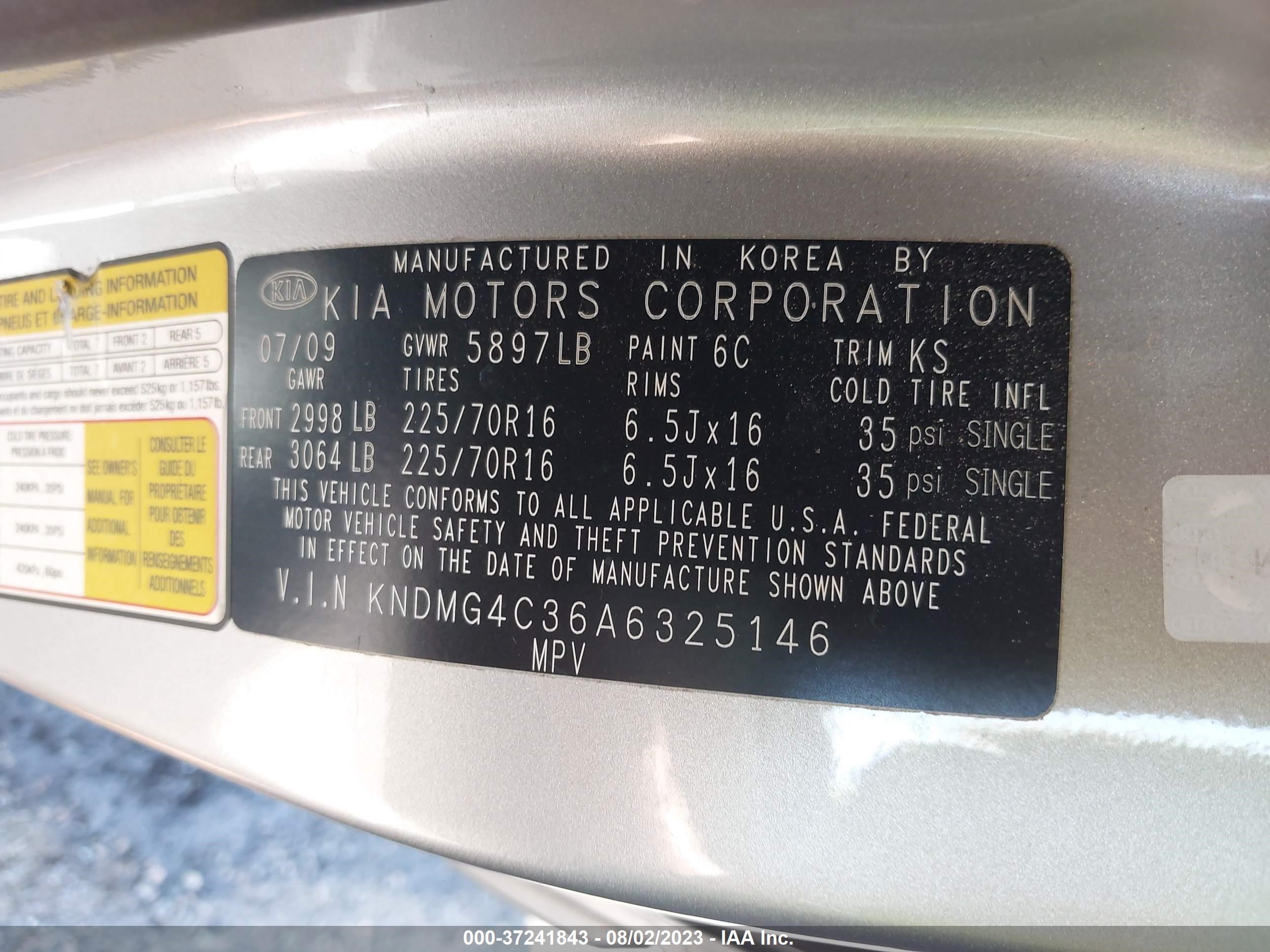 Photo 8 VIN: KNDMG4C36A6325146 - KIA SEDONA 