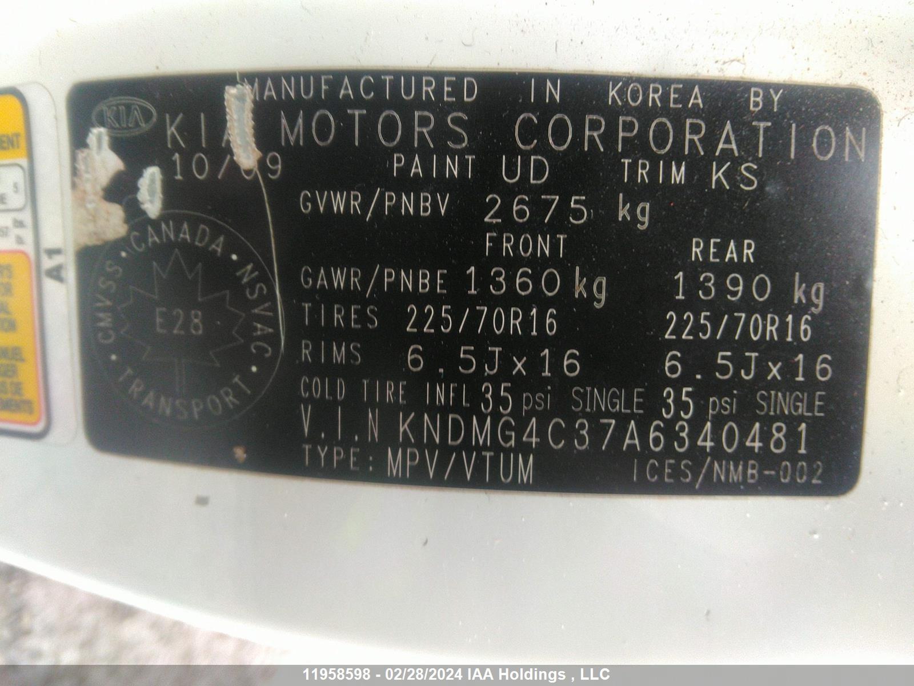 Photo 8 VIN: KNDMG4C37A6340481 - KIA SEDONA 