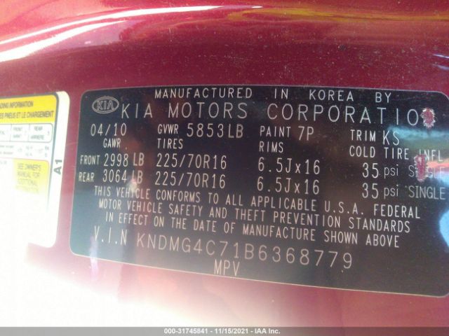 Photo 8 VIN: KNDMG4C71B6368779 - KIA SEDONA 