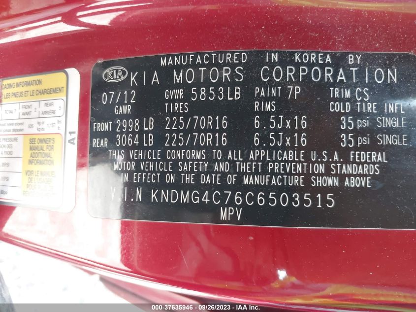 Photo 8 VIN: KNDMG4C76C6503515 - KIA SEDONA 