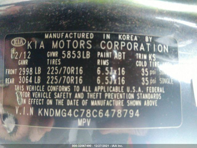 Photo 8 VIN: KNDMG4C78C6478794 - KIA SEDONA 