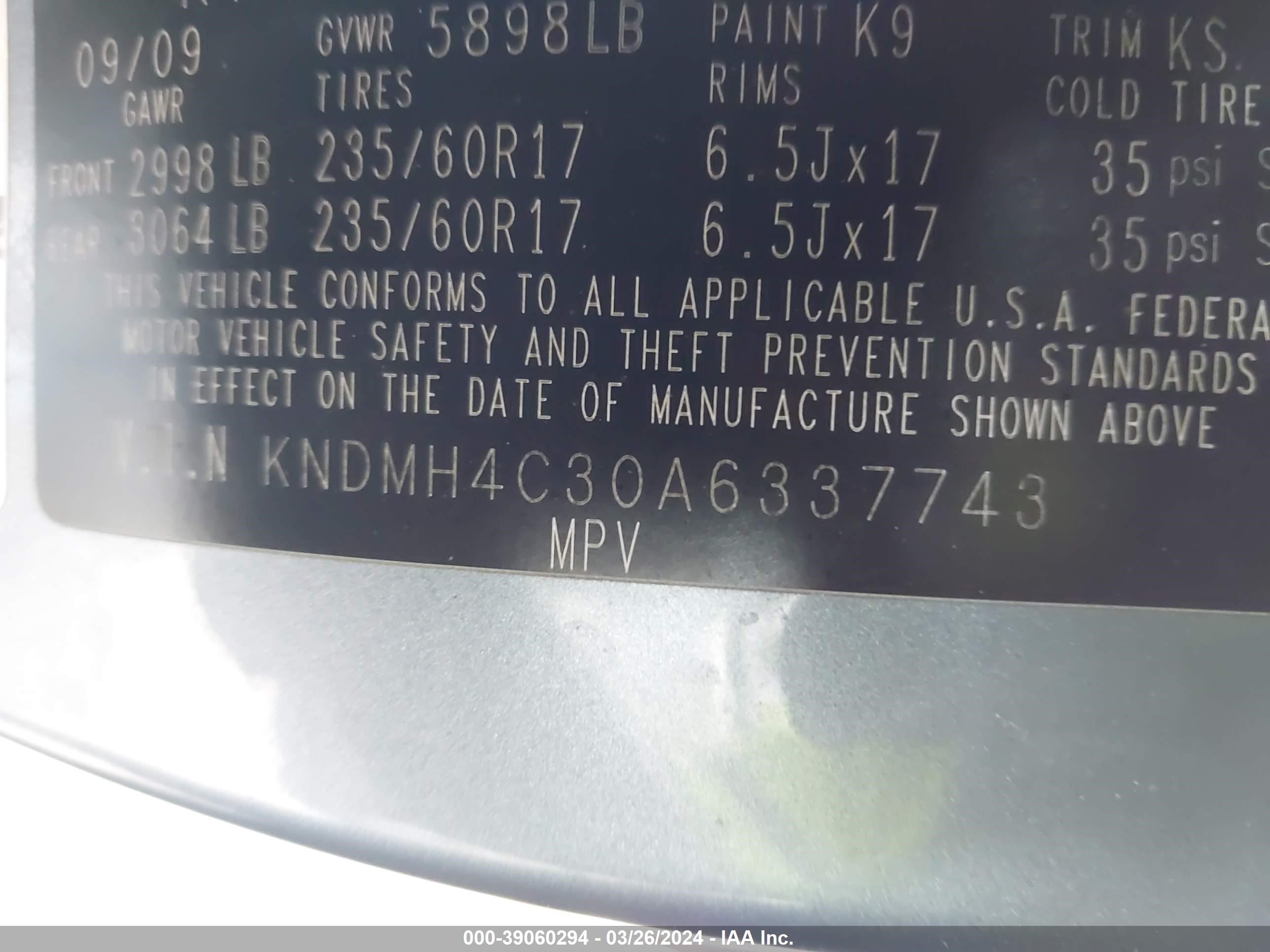 Photo 8 VIN: KNDMH4C30A6337743 - KIA SEDONA 