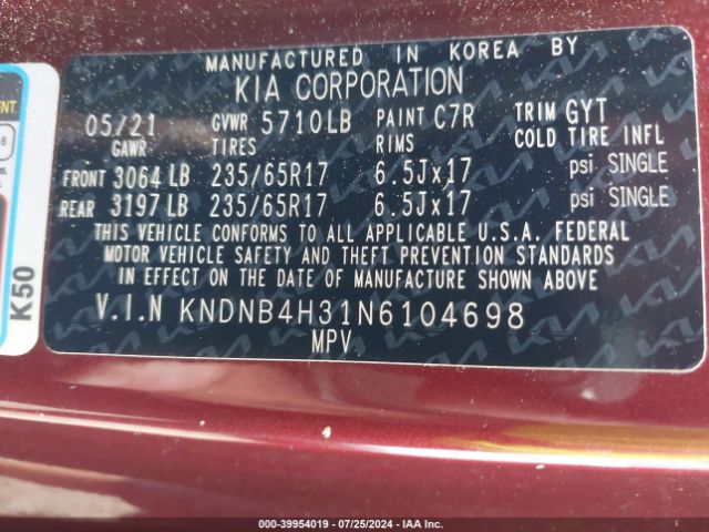 Photo 8 VIN: KNDNB4H31N6104698 - KIA CARNIVAL 