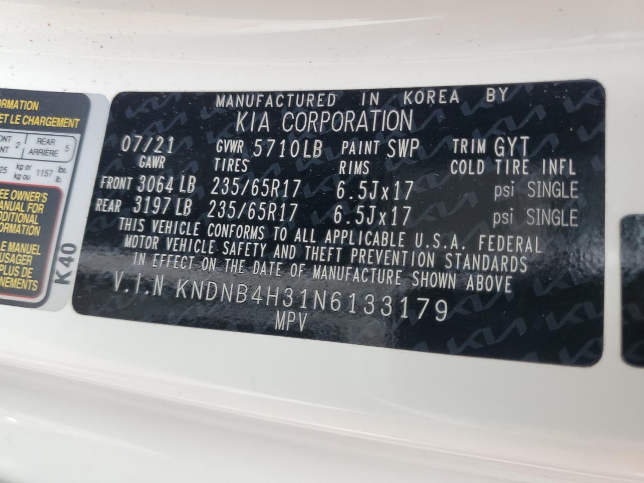 Photo 11 VIN: KNDNB4H31N6133179 - KIA CARNIVAL 