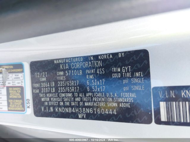 Photo 8 VIN: KNDNB4H38N6160444 - KIA CARNIVAL 