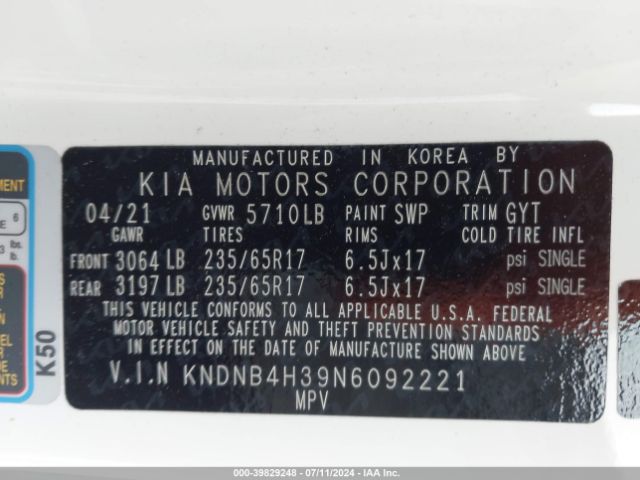 Photo 8 VIN: KNDNB4H39N6092221 - KIA CARNIVAL 