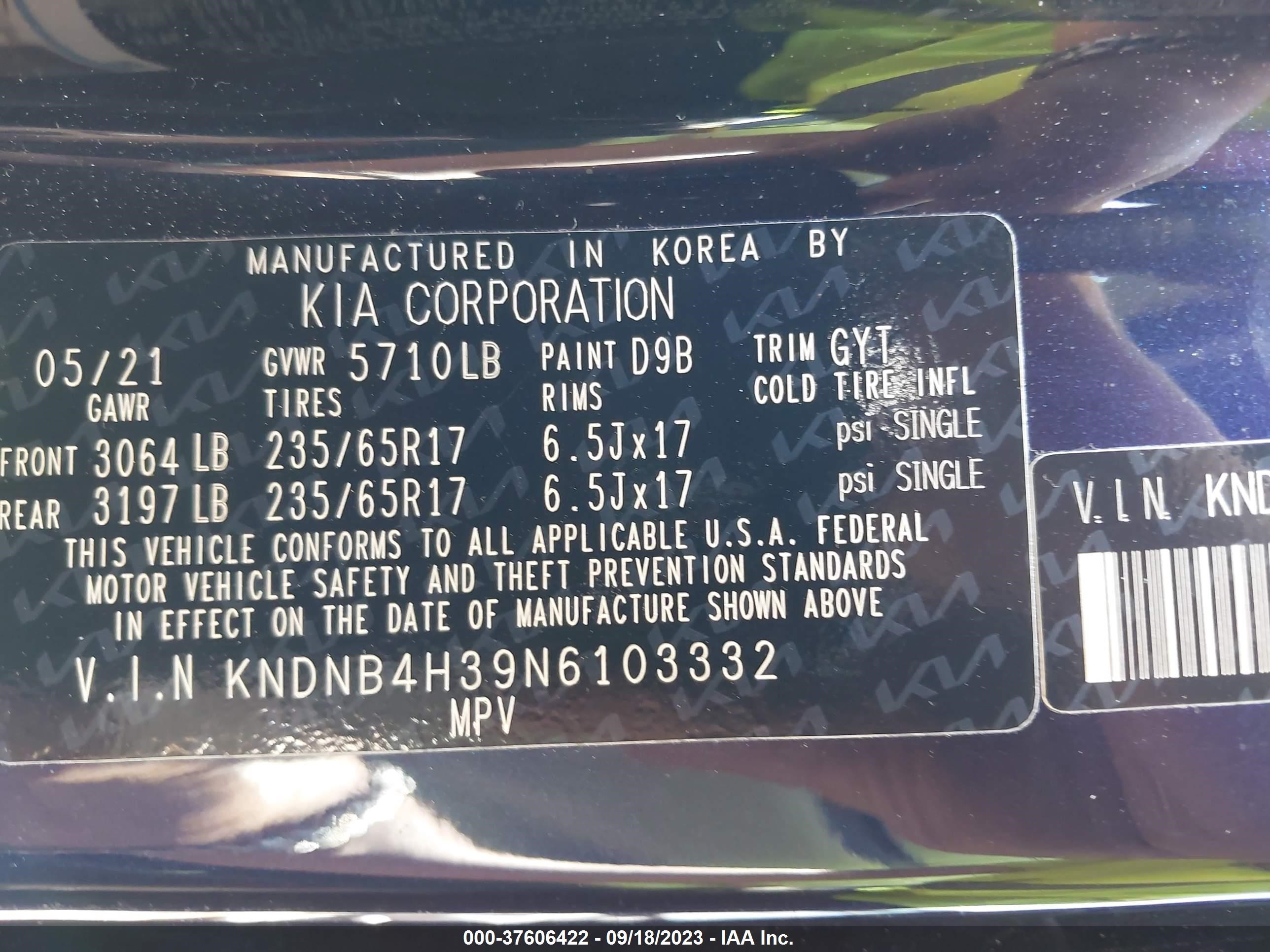 Photo 8 VIN: KNDNB4H39N6103332 - KIA CARNIVAL 