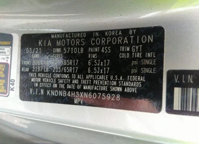 Photo 8 VIN: KNDNB4H3XN6075928 - KIA CARNIVAL 