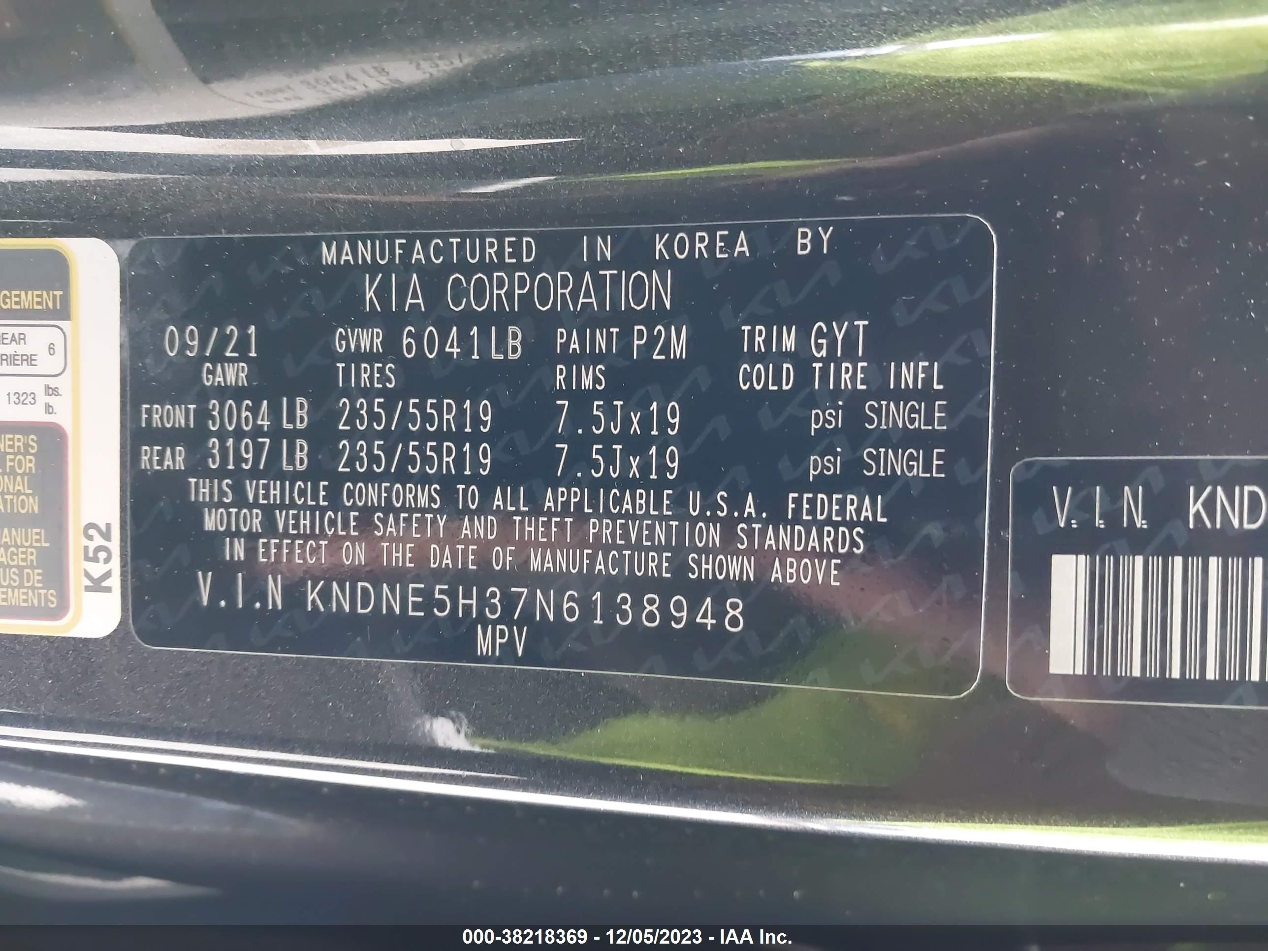 Photo 8 VIN: KNDNE5H37N6138948 - KIA CARNIVAL 