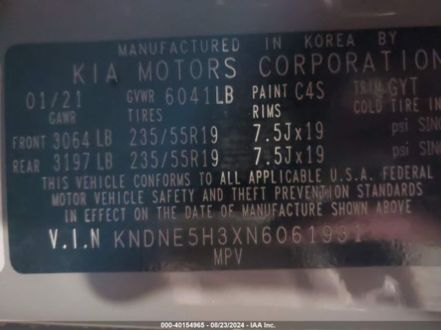 Photo 8 VIN: KNDNE5H3XN6061931 - KIA CARNIVAL 