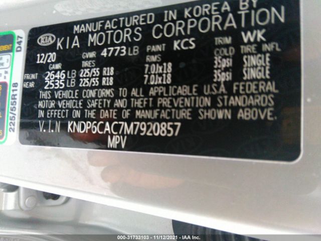 Photo 8 VIN: KNDP6CAC7M7920857 - KIA SPORTAGE 