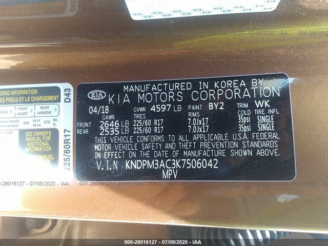 Photo 8 VIN: KNDPM3AC3K7506042 - KIA SPORTAGE 