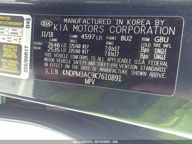 Photo 8 VIN: KNDPM3AC9K7610891 - KIA SPORTAGE 