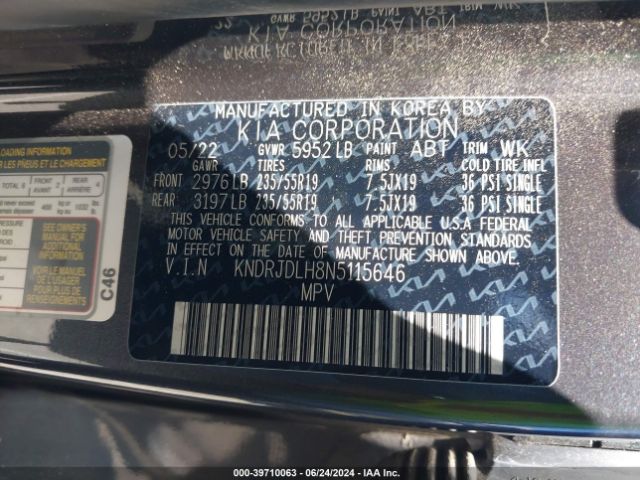 Photo 8 VIN: KNDRJDLH8N5115646 - KIA SORENTO 