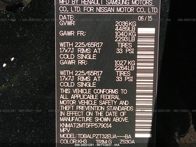 Photo 8 VIN: KNMAT2MT5FP579014 - NISSAN ROGUE 