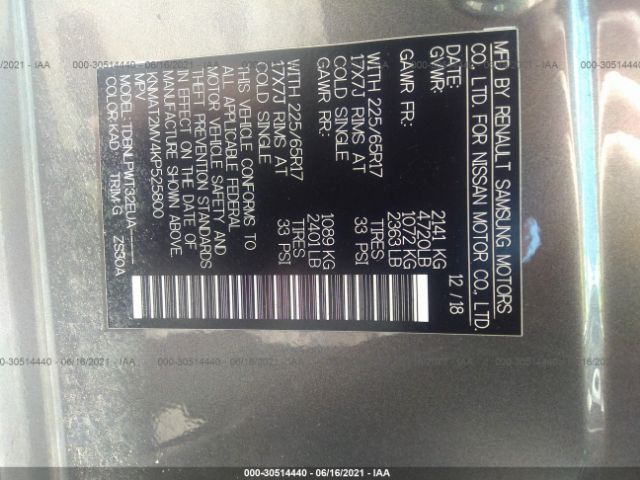 Photo 8 VIN: KNMAT2MV4KP525800 - NISSAN ROGUE 