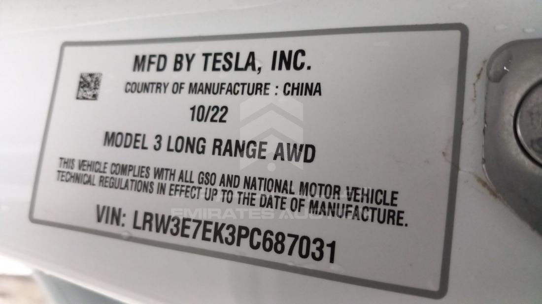 Photo 2 VIN: LRW3E7EK3PC687031 - TESLA MODEL 3 