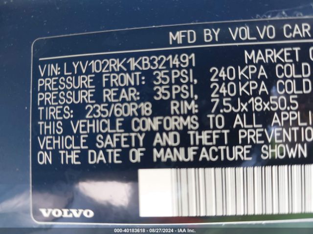 Photo 8 VIN: LYV102RK1KB321491 - VOLVO XC60 