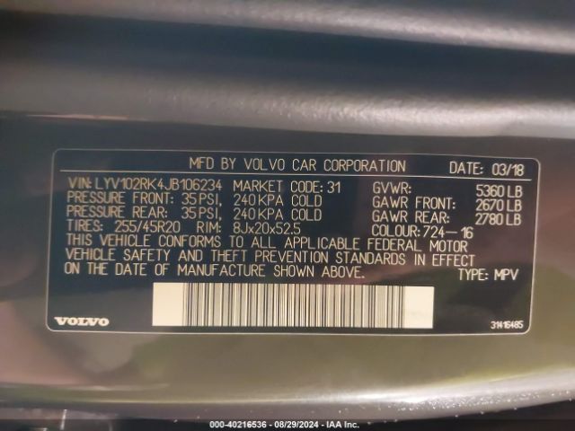 Photo 8 VIN: LYV102RK4JB106234 - VOLVO XC60 