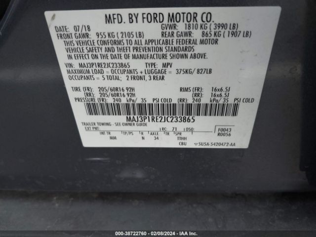 Photo 8 VIN: MAJ3P1RE2JC233865 - FORD ECOSPORT 