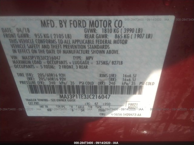 Photo 8 VIN: MAJ3P1TE3JC216047 - FORD ECOSPORT 