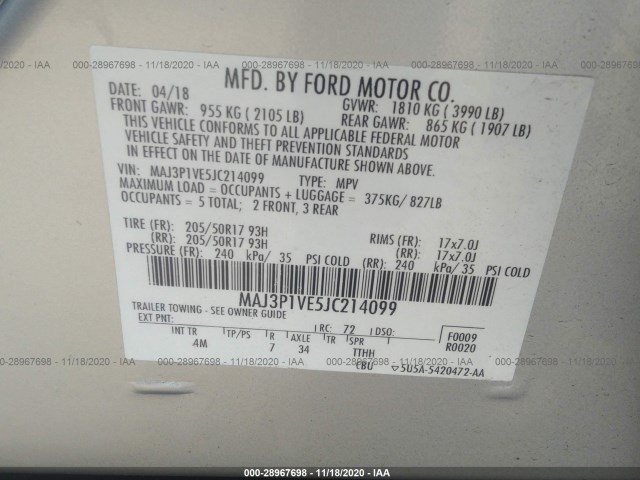 Photo 8 VIN: MAJ3P1VE5JC214099 - FORD ECOSPORT 