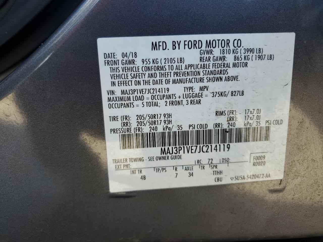 Photo 11 VIN: MAJ3P1VE7JC214119 - FORD ECOSPORT 