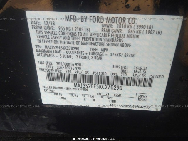 Photo 8 VIN: MAJ3S2FE5KC270290 - FORD ECOSPORT 