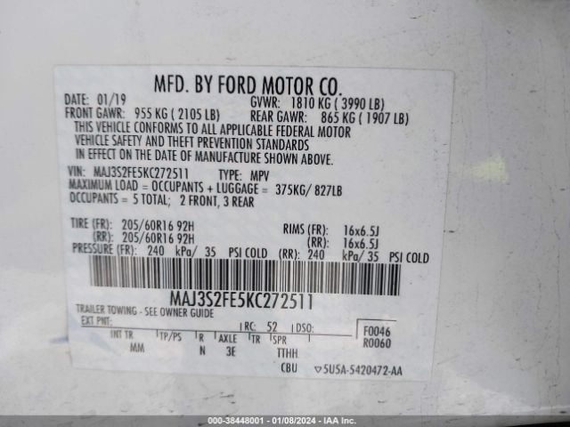 Photo 8 VIN: MAJ3S2FE5KC272511 - FORD ECOSPORT 