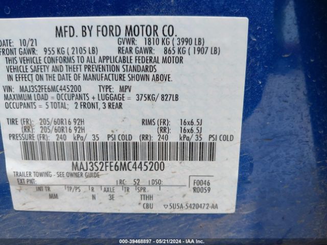 Photo 8 VIN: MAJ3S2FE6MC445200 - FORD ECOSPORT 