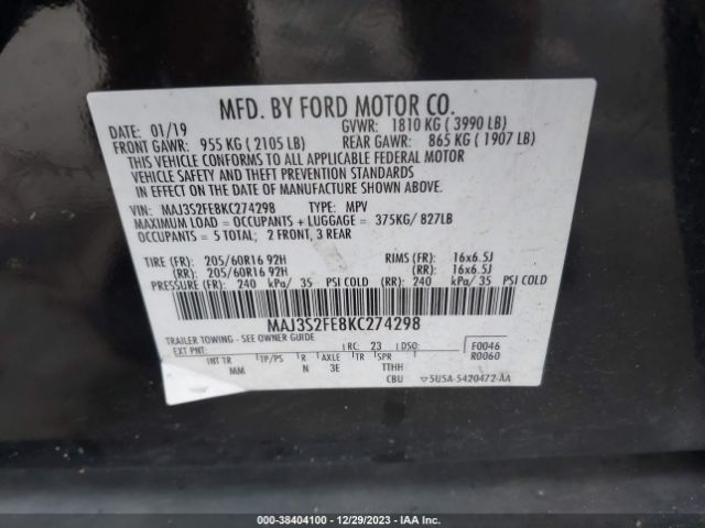 Photo 8 VIN: MAJ3S2FE8KC274298 - FORD ECOSPORT 