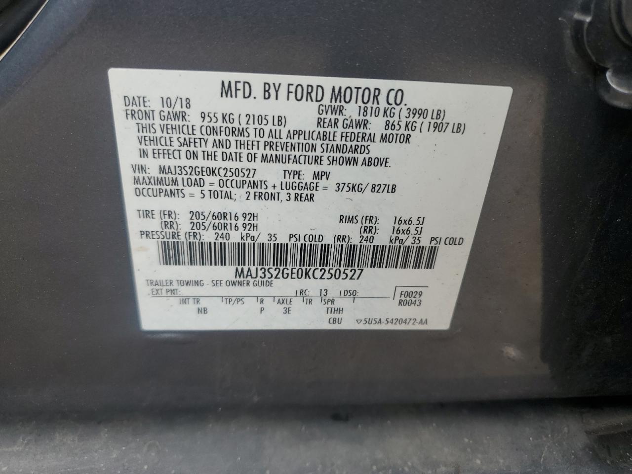 Photo 11 VIN: MAJ3S2GE0KC250527 - FORD ECOSPORT 