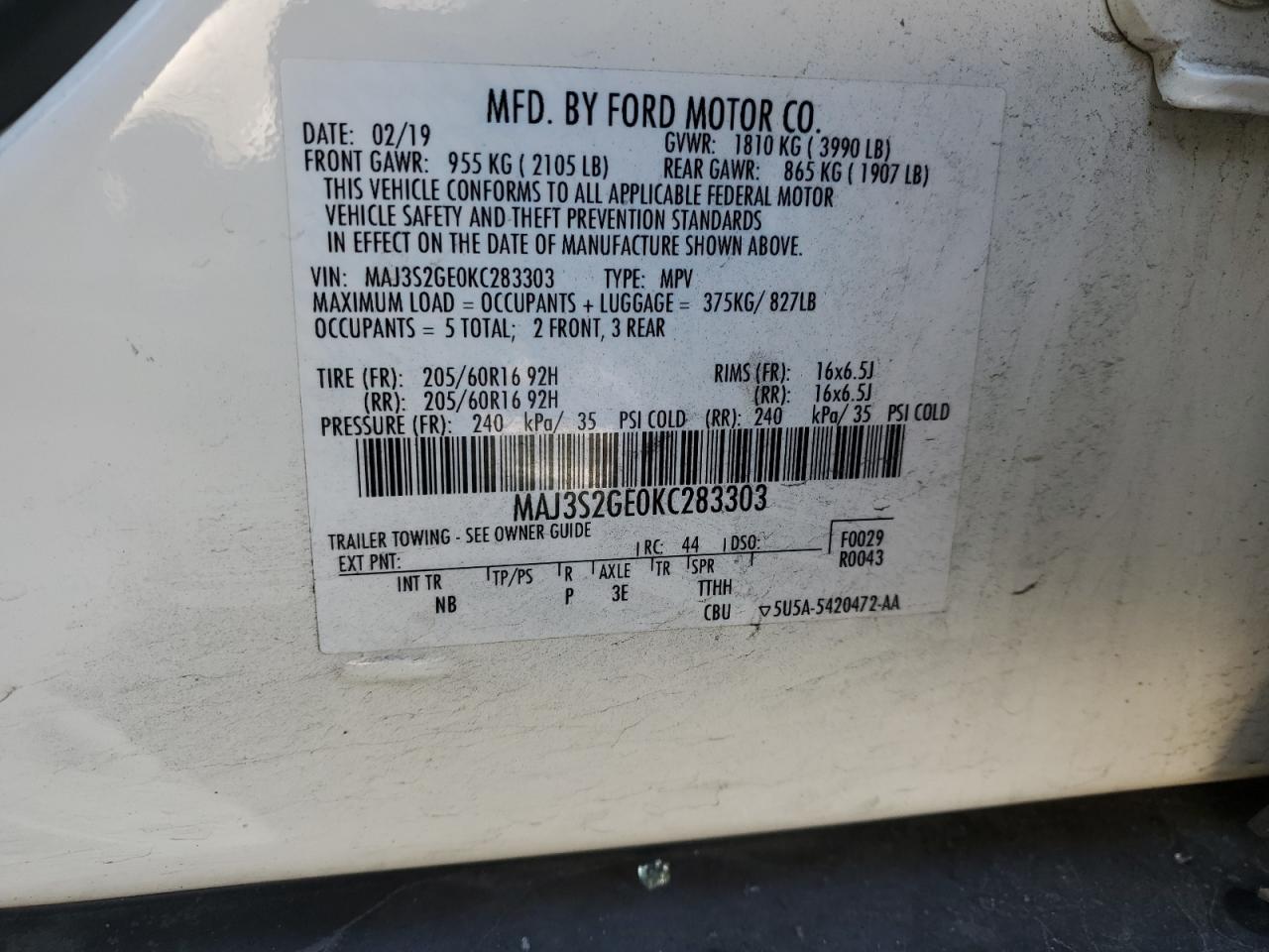 Photo 12 VIN: MAJ3S2GE0KC283303 - FORD ECOSPORT 