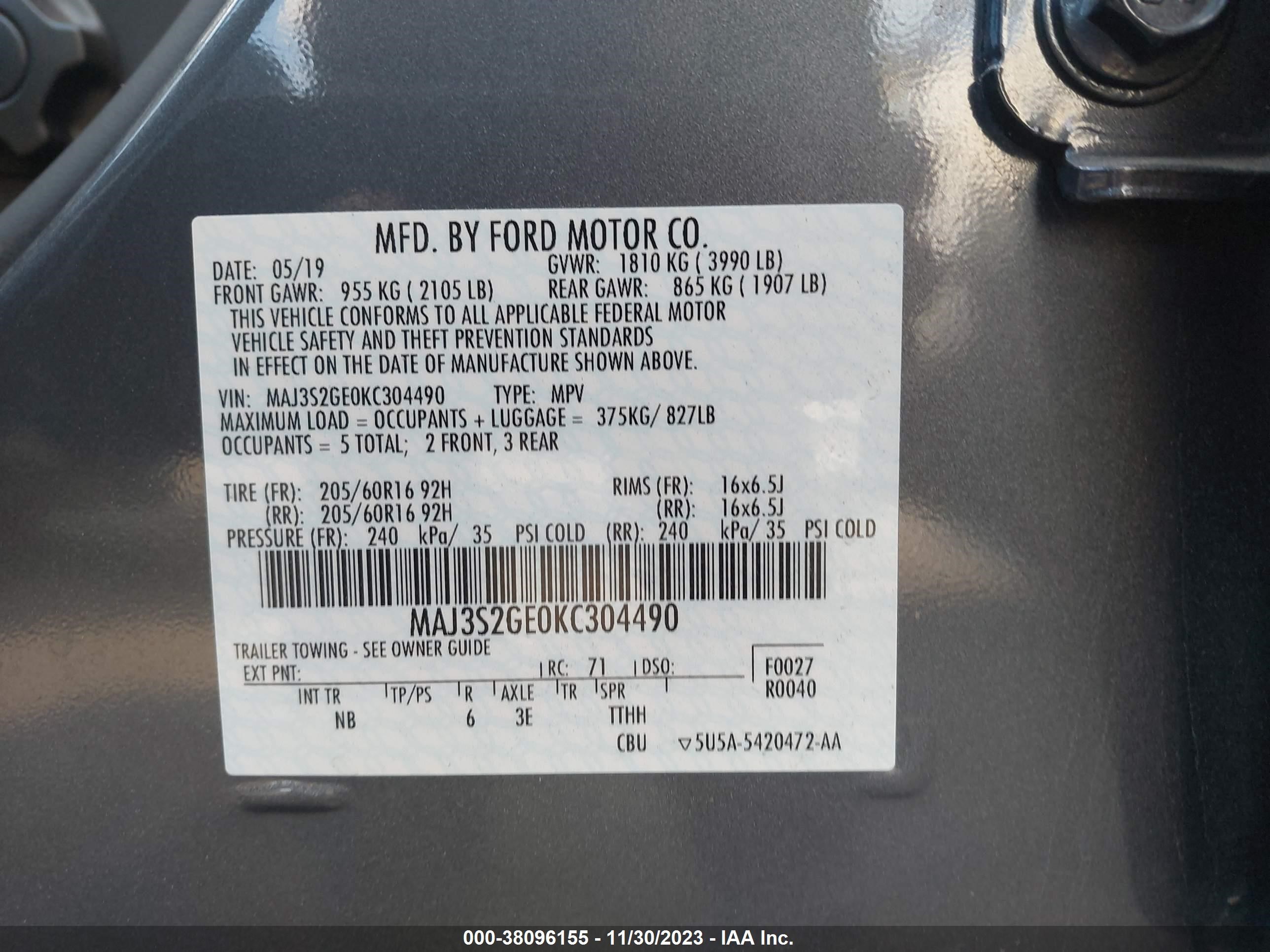 Photo 8 VIN: MAJ3S2GE0KC304490 - FORD ECOSPORT 