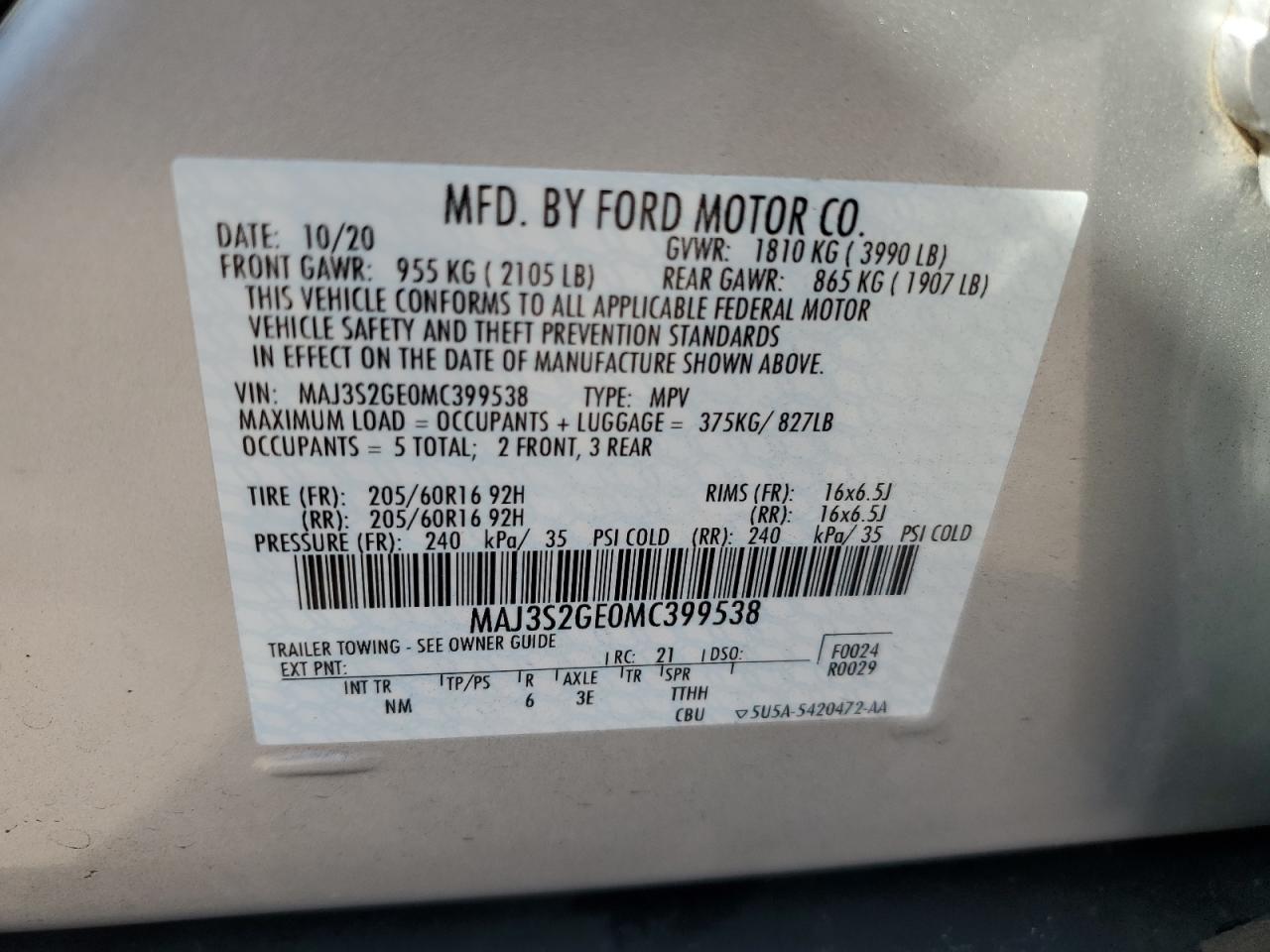 Photo 12 VIN: MAJ3S2GE0MC399538 - FORD ECOSPORT 