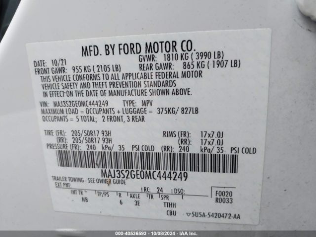 Photo 8 VIN: MAJ3S2GE0MC444249 - FORD ECOSPORT 