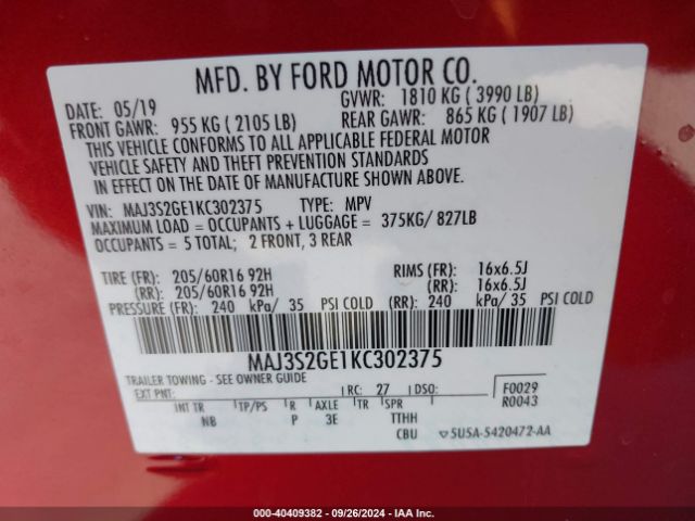 Photo 8 VIN: MAJ3S2GE1KC302375 - FORD ECOSPORT 