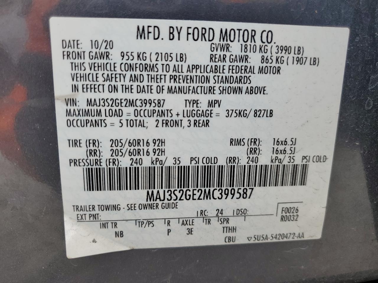 Photo 12 VIN: MAJ3S2GE2MC399587 - FORD ECOSPORT 