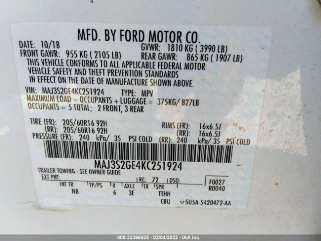 Photo 8 VIN: MAJ3S2GE4KC251924 - FORD ECOSPORT 