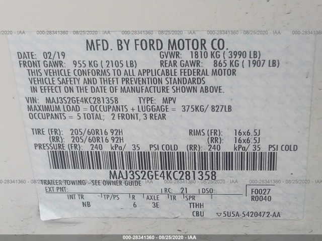 Photo 8 VIN: MAJ3S2GE4KC281358 - FORD ECOSPORT 