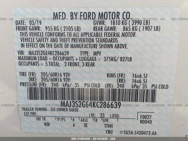 Photo 8 VIN: MAJ3S2GE4KC286639 - FORD ECOSPORT 