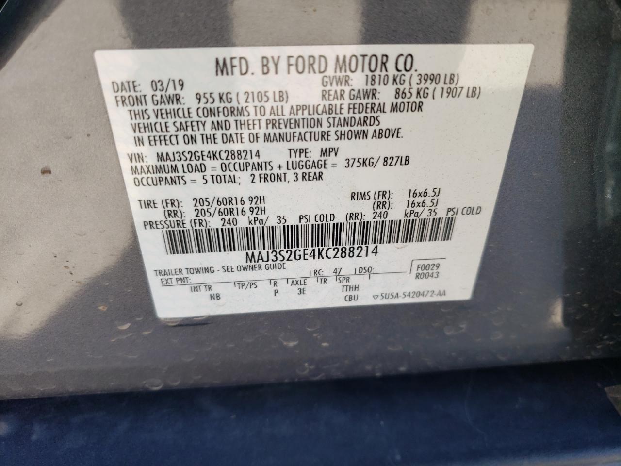 Photo 11 VIN: MAJ3S2GE4KC288214 - FORD ECOSPORT 