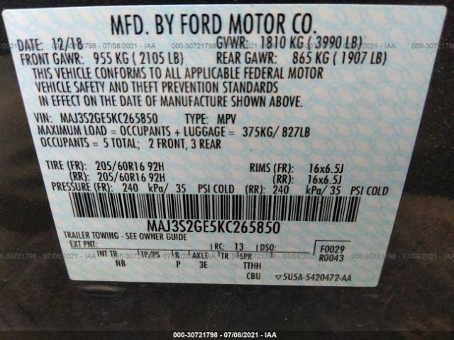 Photo 8 VIN: MAJ3S2GE5KC265850 - FORD ECOSPORT 