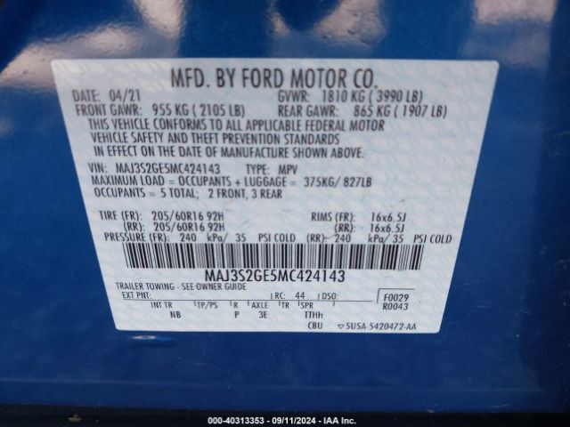 Photo 8 VIN: MAJ3S2GE5MC424143 - FORD ECOSPORT 