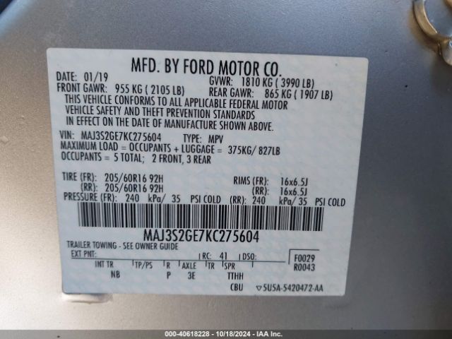 Photo 8 VIN: MAJ3S2GE7KC275604 - FORD ECOSPORT 